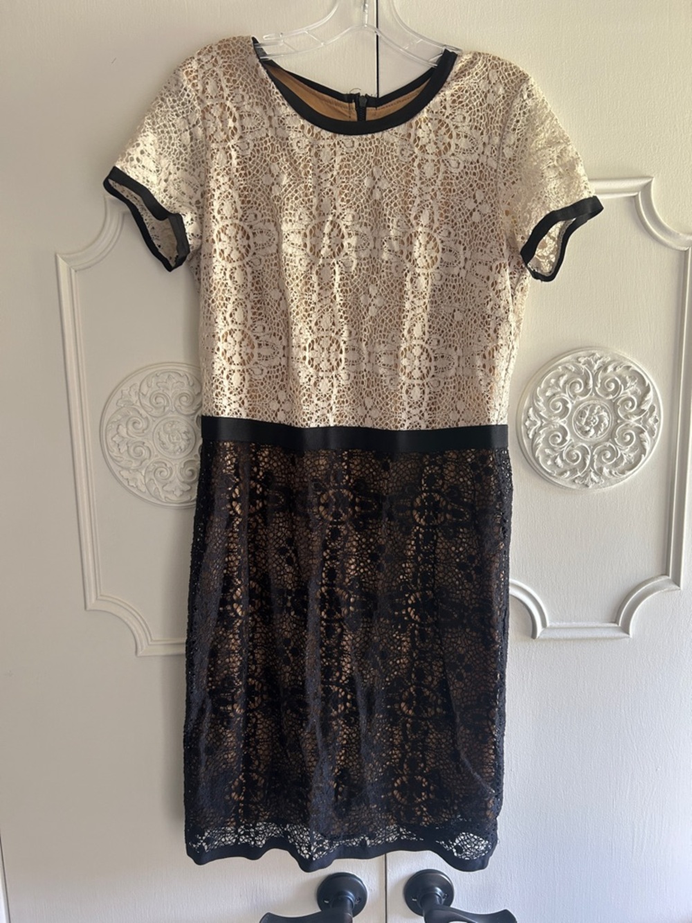 Bailey 44 Cream and Black Lace Short Sleeve Sheath Dress